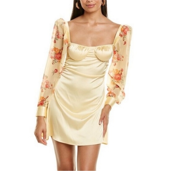 WeWoreWhat Danielle Bernstein  Yellow Floral Puff sleeve satin dress - Picture 1 of 4